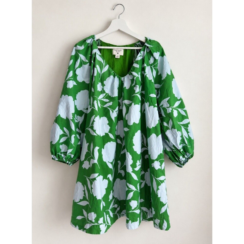Kate Spade New York Women’s M Green White Floral Cotton Midi Dress Puff Sleeve